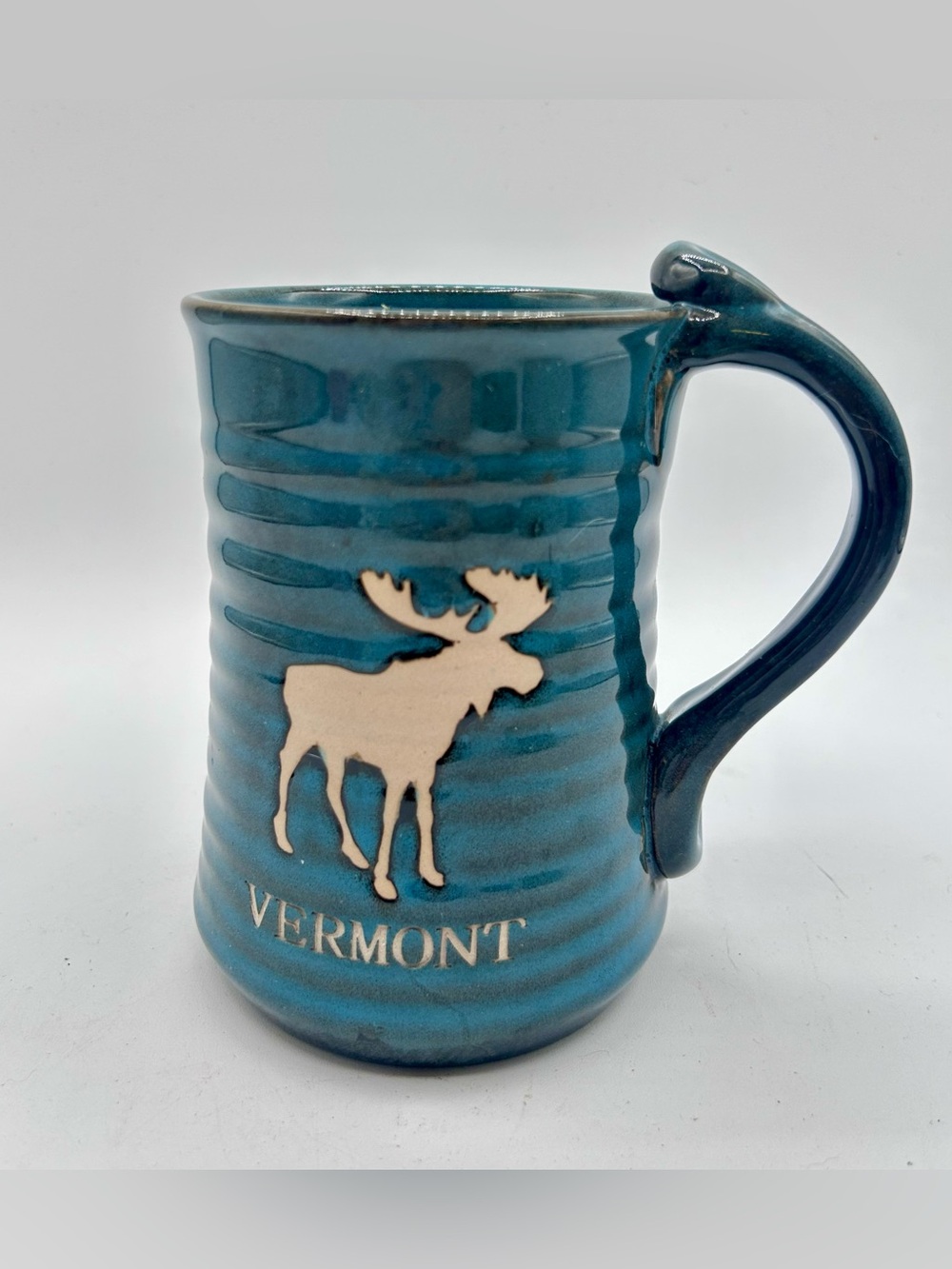 Vermont Moose Stoneware Pottery Coffee Mug Cup Blue Brown 14oz